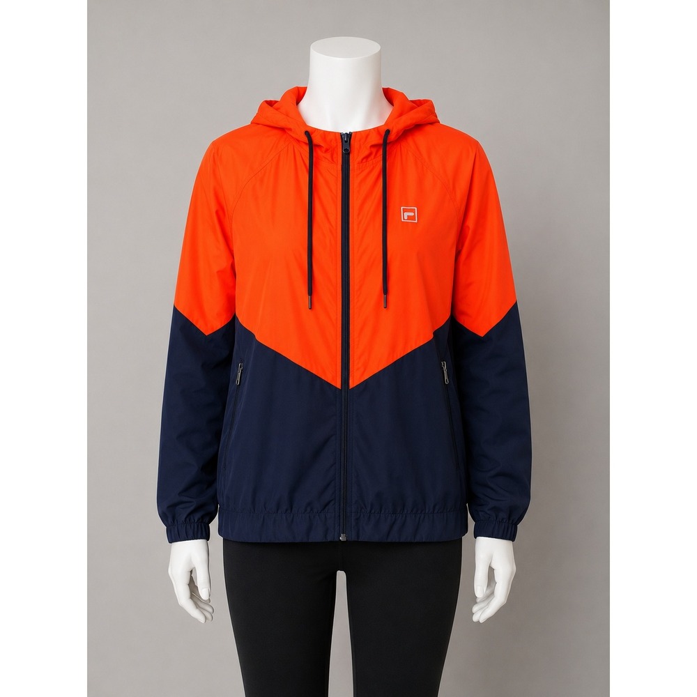 Fila Sport Mens Medium Neon Orange Navy Blue Hooded Windbreaker Jacket Zip Up